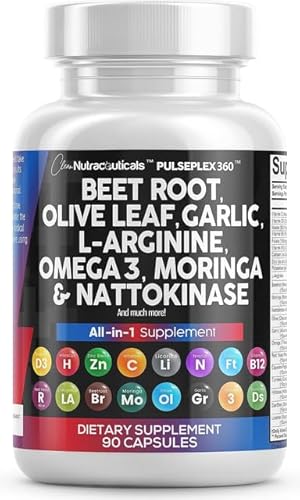 Clean Nutraceuticals Beet Root Capsules Olive Leaf Nattokinase Garlic Extract L-Arginine Omega 3 Red Yeast Rice Hibiscus Danshen - Healthy Support Supplement - 90 Ct