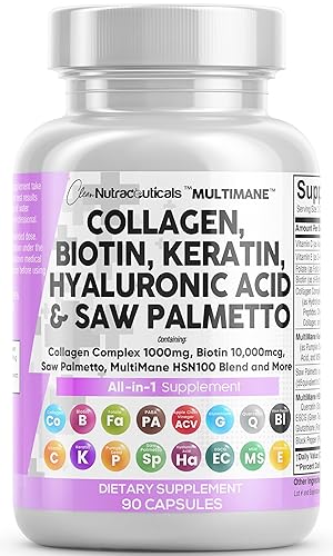 Clean Nutraceuticals Collagen Pills 1000mg Biotin 10000mcg Keratin Saw Palmetto Hyaluronic Acid - Hair Skin & Nails Vitamins & DHT Blocker with Vitamin E Folic Acid Pumpkin Seed MSM - 90 Count