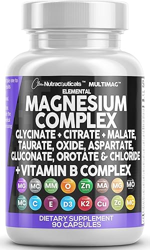 Clean Nutraceuticals Magnesium Complex with Magnesium Glycinate Citrate Malate Oxide Taurate Aspartate Orotate & Mag Chloride, Zinc Copper Manganese & Vitamin C B1 B2 B6 B12 Complex - 1Pack