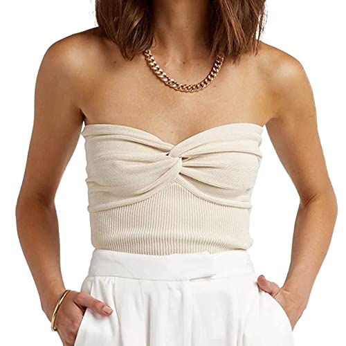 EFAN Womens Tube Tops Summer Twist Knot Front Knit Bandeau Strapless Ribbed Sleeveless Y2K Crop Tank Corset Top - Medium - Apricot