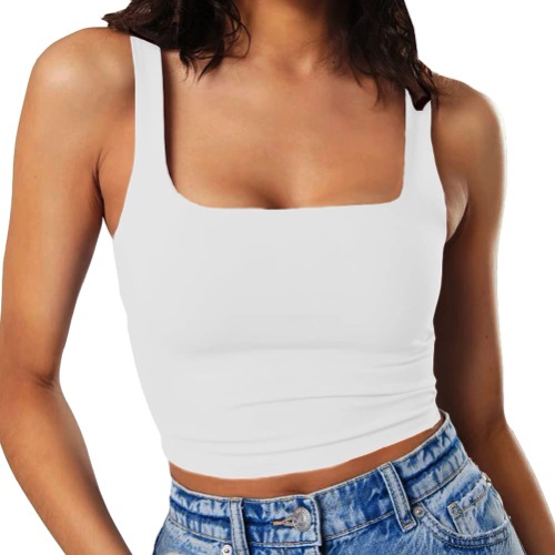 Artfish Women's Sleeveless Strappy Tank Square Neck Double Layer Workout Fitness Casual Basic Crop Tops - White Medium