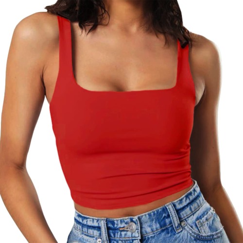 Artfish Women's Sleeveless Strappy Tank Square Neck Double Layer Workout Fitness Casual Basic Crop Tops - Red Medium