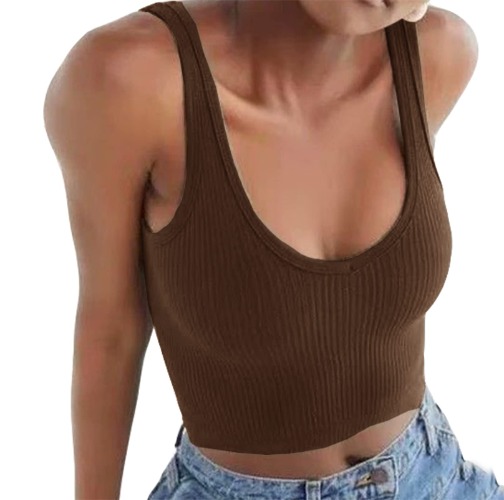 Artfish Women's Sleeveless Shirt Ribbed Drawstring Side Ruched Scoop Neck Basic Crop Tank Top - 02#mocha Brown Small
