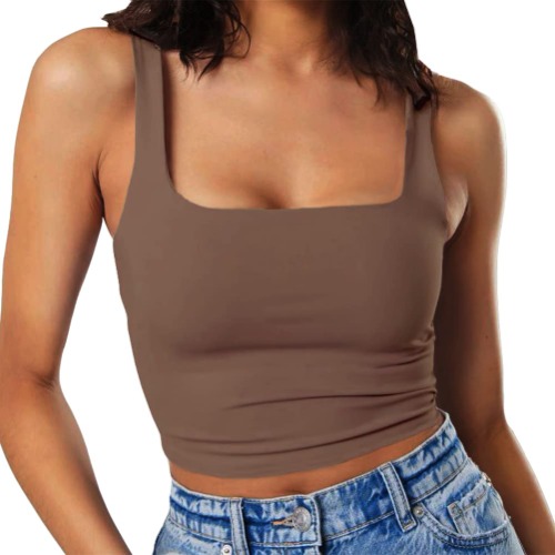 Artfish Women's Sleeveless Strappy Tank Square Neck Double Layer Workout Fitness Casual Basic Crop Tops - Mocha Brown Medium