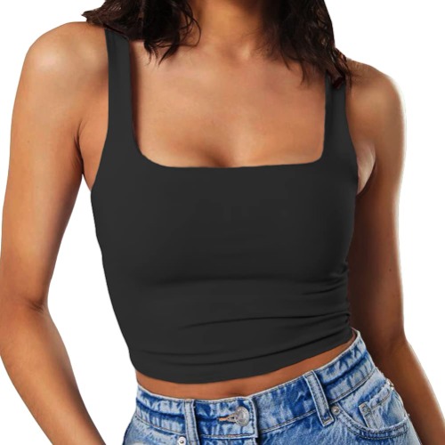 Artfish Women's Sleeveless Strappy Tank Square Neck Double Layer Workout Fitness Casual Basic Crop Tops - Black Medium