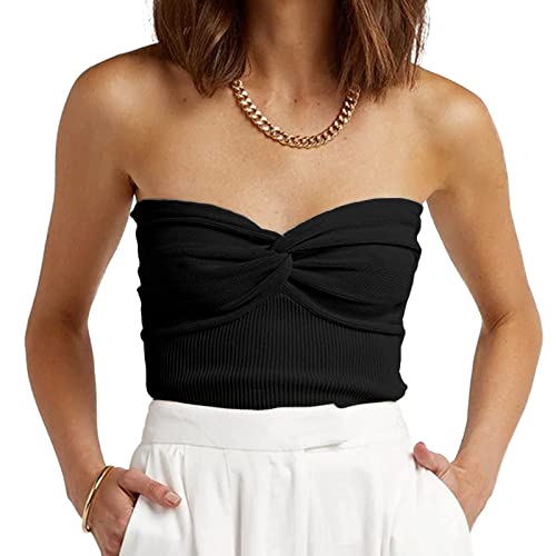 EFAN Womens Tube Tops Summer Twist Knot Front Knit Bandeau Strapless Ribbed Sleeveless Y2K Crop Tank Corset Top - Medium - Black