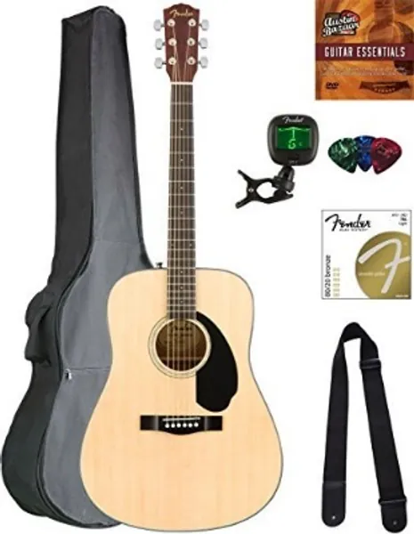 Fender CD-60S Solid Top Dreadnought Acoustic Guitar - Natural Bundle with Gig Bag, Tuner, Strap, Strings, Picks, Austin Bazaar Instructional DVD, and Polishing Cloth