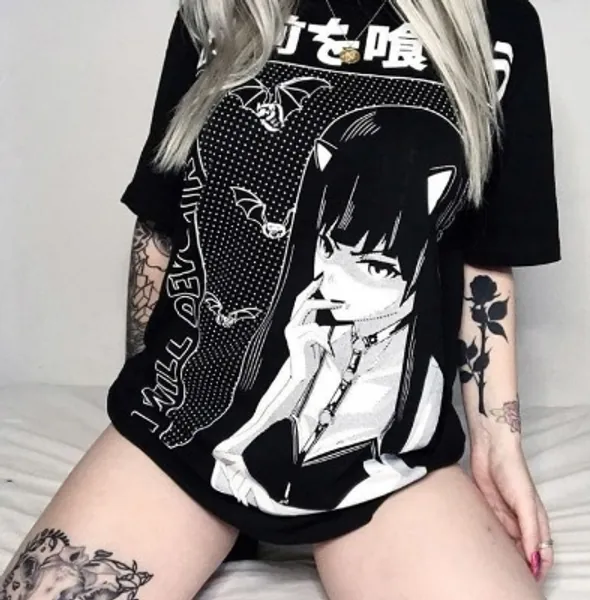Gothic Harajuku Detention Relaxed Anime Print Loose T-shirt