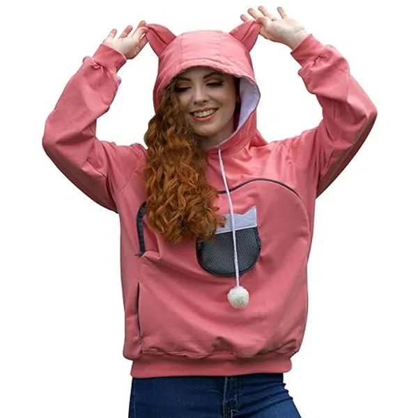 ALYC Unisex Hoodies Pet Holder Cat Dog Large Pouch Carriers Pullover with Cat Printing Sweatshirt (Light Pink-L) - Light Pink - Large