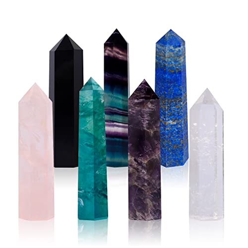 Luckeeper Crystal Wands | 3" Healing Amethyst, Rose Quartz,Clear Quartz,Black Obsidian,Green Fluorite, Lapis Lazuli,Rainbow Fluorite| 6 Faceted Reiki Chakra Meditation Therapy,7 PCS - Multi Color Quartz Crystal Wands - 3" Tall