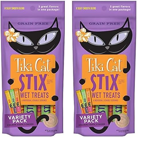 Tiki Cat Stix Wet Treats, Grain Free Lickable Smooth Mousse Blend in Creamy Gravy, Variety Pack 6 Stix 1 Pouch (Pack of 2)