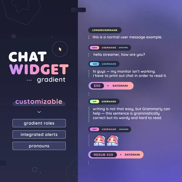 Gradient Roles Chat Widget with Alerts — Minimal Fully Customizable Custom Chat with Events | Twitch Streamers | Streamelements OBS