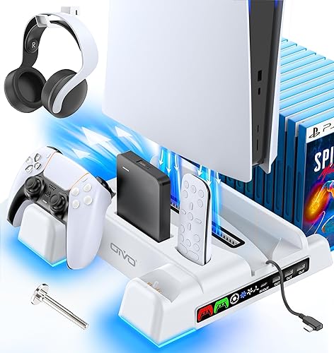 PS5/Slim/Pro Stand and Cooling Station with LED Controller Charging Station for PlayStation 5 Console, PS 5 Controller Charger, Cooling Stand, PS5/Slim/Pro Accessories with 3 Level Cooling Fan
