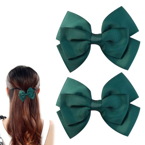 2 x Bottle Green Grosgrain Hair Bows on Clip - 10 cm - 