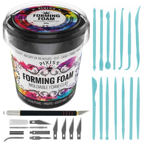 Foam Clay Sculpting Foam for Cosplay (300 Gram Black), 14 Sculpting Tools, Craft Knife with Extra Blades and Sculpting Points, Soft Air Dry Moldable Sculpting Cosplay Materials