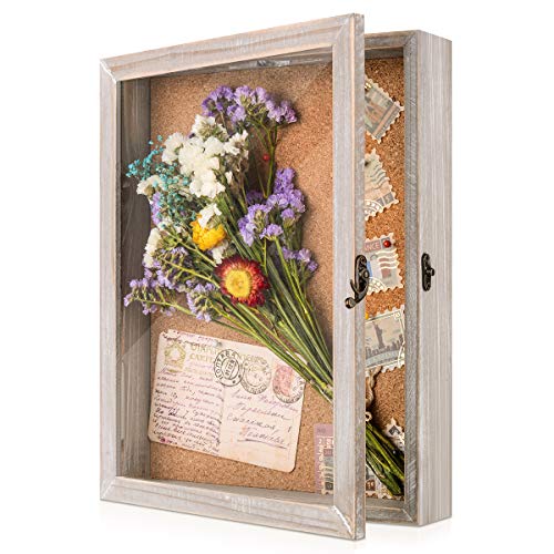 Shadow Box Frame Memory Box Display Case Picture Frame for Keepsakes Ticket Wine Cap with 12 Stick Pins Glass Front Cover 14x11in/36x28cm Large Grey - Greyish White