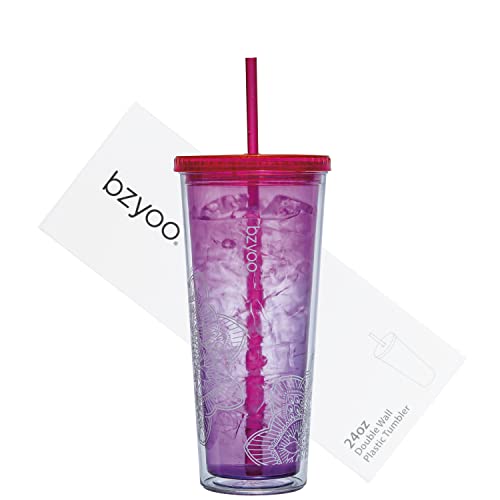 bzyoo SIP 24oz (710ml) Double Wall Plastic Tumbler with Lid and Straw Cold Drink Travel Mug Reusable Party Cup Perfect for Office Poolside Parties Gifts For Him & Her Color: Pink & Purple - La La Mandala Pink & Purple