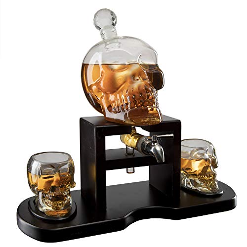 Skull Skeleton Wine & Whiskey Decanter Set 750 mL With 2 Skull 3oz Skeletons Shot Glasses + Mahogany Wooden Base & Pouring Spigot Decor Glass, Goth Spooky Drinking Glassware The Wine Savant - Original