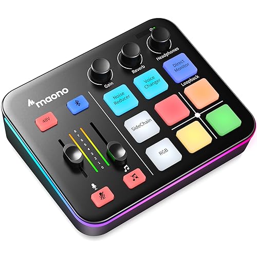MAONO Gaming Audio Mixer, RGB PC Mischpult für Streaming, XLR Interface mit 48V Phantomspeisung, DIY Soundeffekte, Lautstärkeregler, Stummschaltungstaste, Geräuschunterdrückung, Aufnahme, Gesang - Schwarz