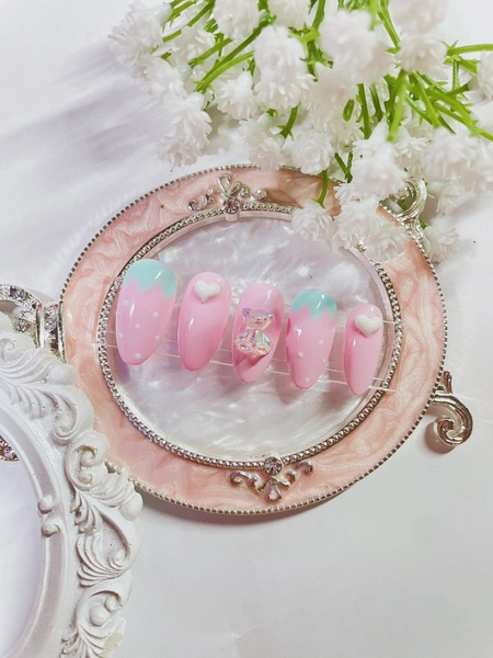 StrawBeary Press on Nails | Custom Nails | Handmade Nails Set | Fake Nails | Pink Nails | Cute Nails | Summer Spring Nails | Strawberry Nail