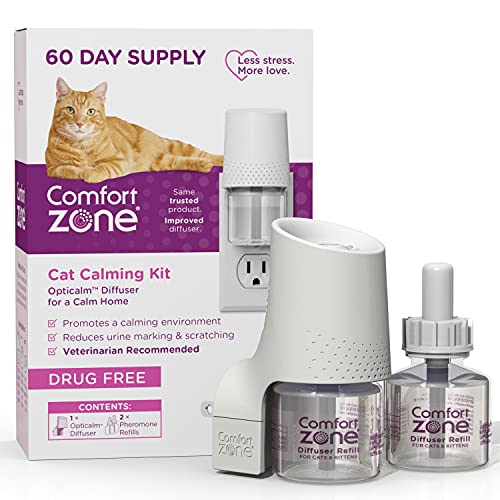 Comfort Zone Cat Calming Diffuser Starter Kit: 1 Diffuser & 2 Refills; Pheromones to Reduce Stress, Spraying & Scratching - 3 Piece Set