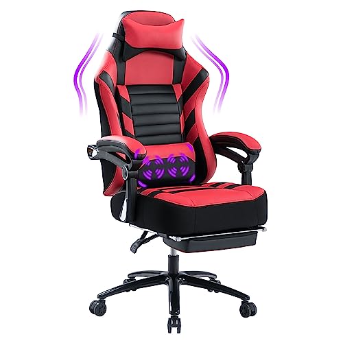 Fantasylab Big and Tall Gaming Chair 400lb Gaming Chair with Footrest Massage Gaming Chair Memory Foam Adjustable Tilt Back Angle and Arm High - Red