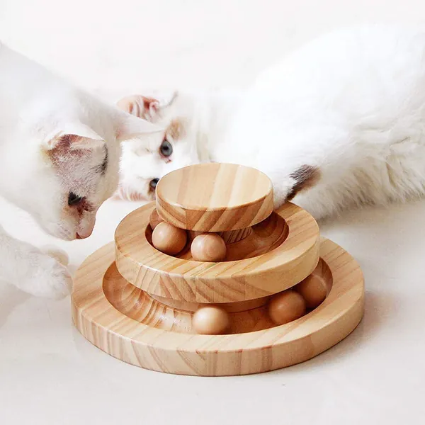 Tarnel Interaktives Katzenspielzeug aus Holz zweilagig drehbar Smart Track Ball Schaukelrolle Geschenke Turntable für Katzen
