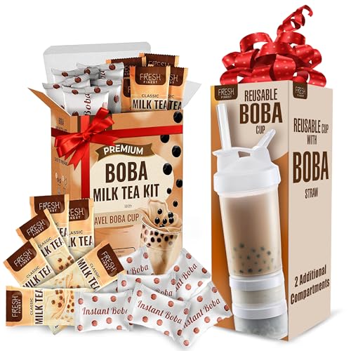 Fresh Finest Instant Boba Tea Kit with Tapioca Pearls + Reusable Boba Cup & Straw (6 Servings) Bubble Tea Kit - 6 Classic Milk Tea Packets & 6 Bubble Tea Pearls Packets - Ideal Gift For All Occasions - Classic Milk Tea Kit With Reusable Cup