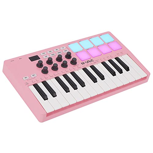 M-WAVE 25 Key USB MIDI Keyboard Controller With 8 Backlit Drum Pads, Bluetooth Semi Weighted Professional dynamic keybed 8 Knobs and Music Production,Software Included (Pink) - Pink
