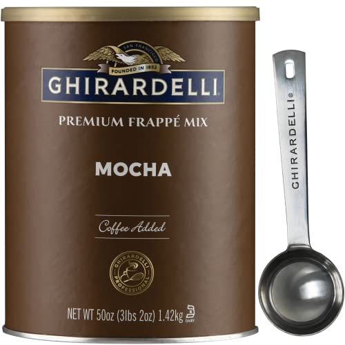 Ghirardelli Mocha Premium Frappé Mix, 3.12 lb Can with Ghirardelli Stamped Barista Spoon - Mocha - 2 Piece Set