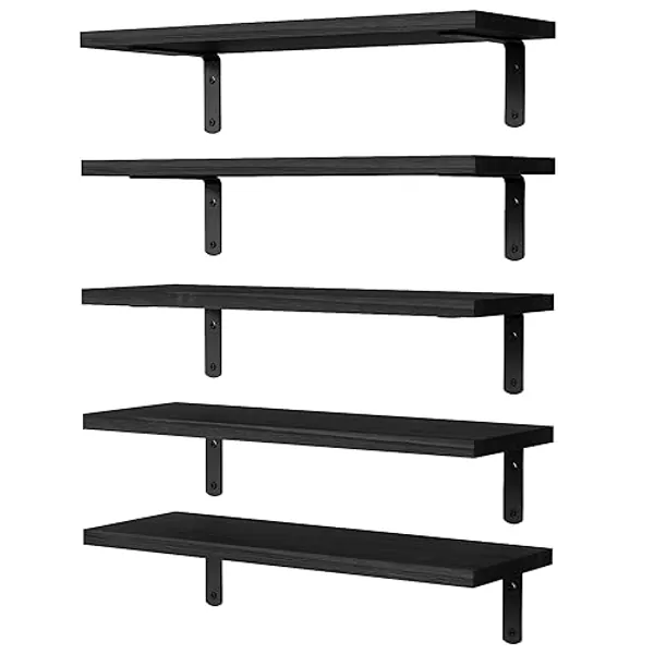 DOLLFIO Floating Shelves, 5 Sets Wall Shelves, Wood Floating Shelves for Bedroom Wall Décor, Wall Mounted Floating Bathroom Shelf for Storage, Floating Book Shelf, Living Room – Black - 5 - Black
