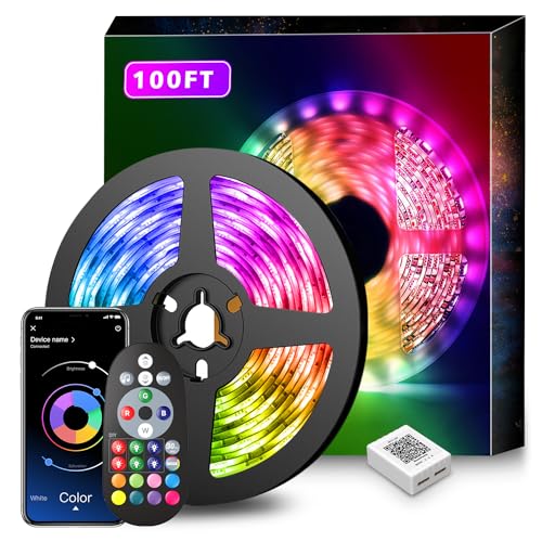 Nexillumi 100Ft Music Sync Color Changing LED Strip Lights with Remote, App Control, Built-in Mic (APP+Remote+Mic) - 100 ft