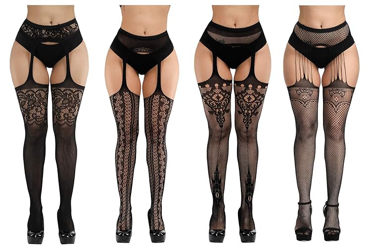 Fishnet Stockings ，Fishnet Thigh-High Stockings Pantyhose Stockings Fishnet Leggings Babydoll Lingerie for Women (4pcs) (Black)