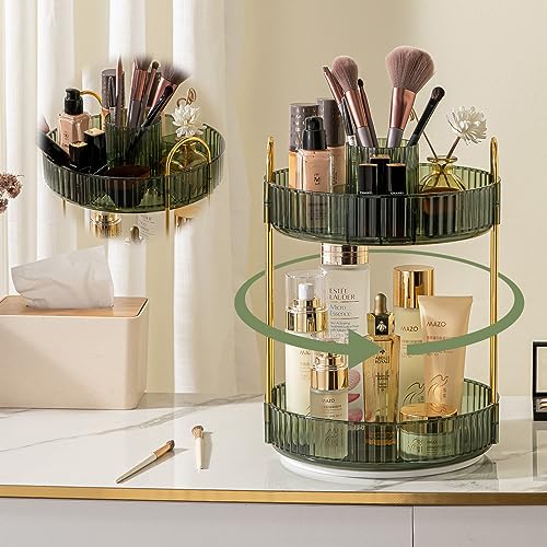 shuang qing 360° Rotating Makeup Organizer, High-Capacity Bathroom Countertop Vanity Organizers, 2 Tier Spinning Skincare Storage, for Perfume/Cosmetic/Makeup Brushes/Lotion（Green） - Gem Green - New-2 Tier