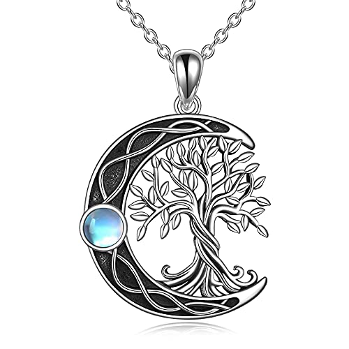 YAFEINI Baum des Lebens Halskette 925 Sterling Silber Mondstein Keltischer Knoten Pentagramm Anhänger Halskette für Damen Schmuck - Baum des Lebens Mond Halskette