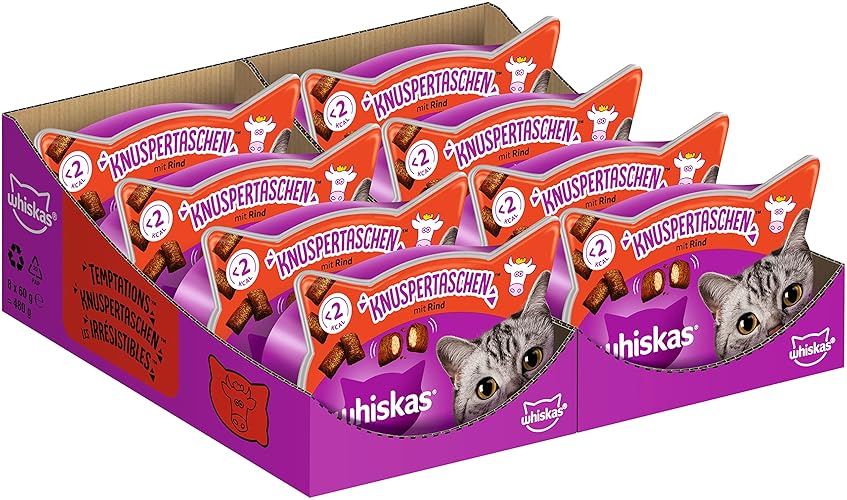 Whiskas Knuspertaschen Katzensnacks mit Rind, 8x60g (8 Packungen) - unterschiedliche Produktverpackungen erhältlich - Rind - 480 g (1er Pack)