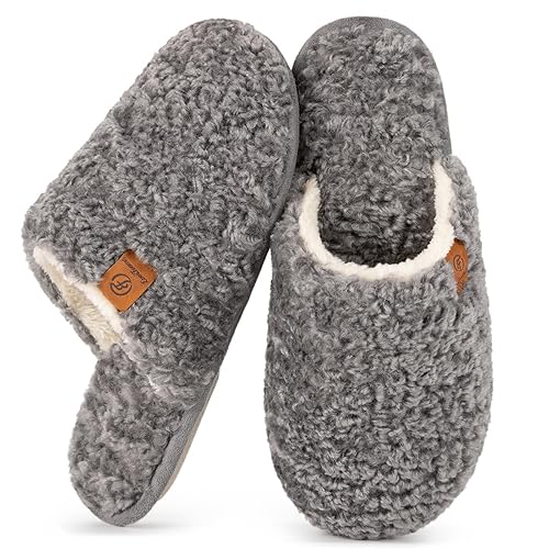 EverFoams Women's Fuzzy Slip-on Slippers Warm Cozy Soft Lightweight Memory Foam Indoor House Shoes - 7-8 - Oxford Gray