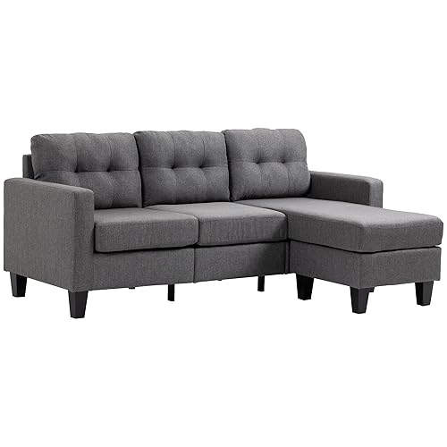 HOMCOM Sectional Couch, 3 Seater Sectional Sofa with Ottoman, L Shape Sofa with Thick Padded Cushion for Living Room, Office, Dark Grey - Dark Grey