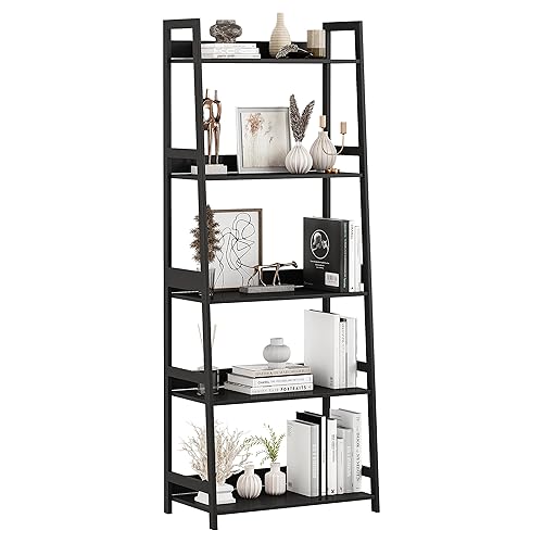 Mafalion Ladder Shelf Bamboo 5 Tier Ladder Bookshelf for Living Room, Bedroom, Industrial Style, Rustic and Black - Black