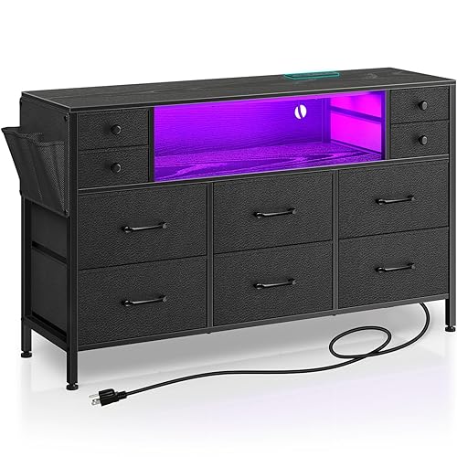 Rolanstar Dresser with Power Outlets and LED Lights, 10 Small Drawers Dresser with Side Pocket, Fabric Chest of Drawers with PU Finish, Wood Top for 55inch TV, Bedroom, Black, L - 119.9D x 30W x 71.9H cm (10 Drawers) - Black