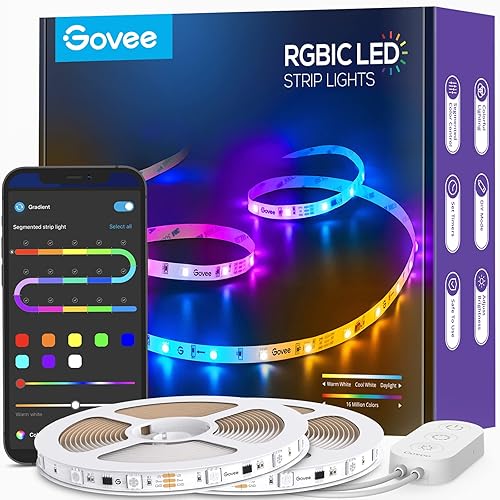 Govee 65.6ft RGBIC LED Strip Lights, LED Light Strips Bluetooth Control, Segmented DIY, Intelligent Color Picking, Music Sync, 64 Scene Modes LED Lights for Bedroom Gaming Room - 65.6ft