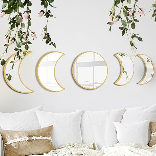 YUBAIHUI Boho Moon Phase Mirror Set for Spiritual Room Decor - Glass Moon Mirror Wall Hanging for Bedroom, Dorm, and Home Decor with Preppy and Cottagecore Vibe (Gold) - Gold