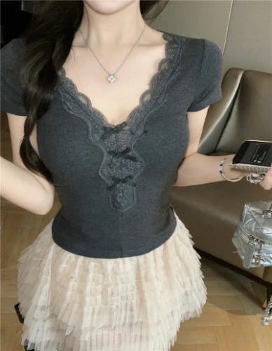 Grunge Goth Lace Patchwork Short Sleeve Top - grey / XL