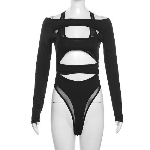 Goth 'Moonlit Mourning' Black Mesh Long Sleeved Bodysuit - black / L