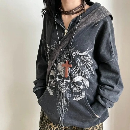 'Freeze' Gothic Grunge Black Harajuku Zipper Hoodie - Thickening / XXL