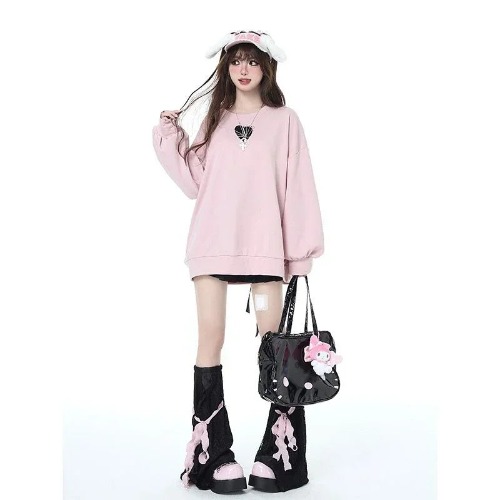 Black/Pink Love Heart Print Lace Up Sweater - pink / XL