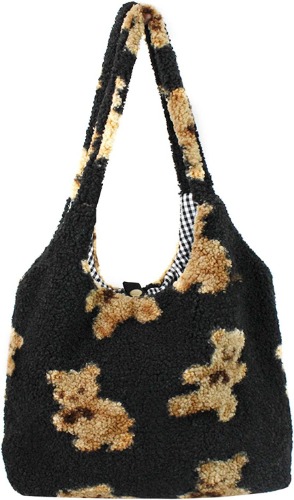 Women Girls Cute Bear Plush Shoulder Bag Large Tote Handbag Purse Faux Fur Shopping Dating Bag - Black
