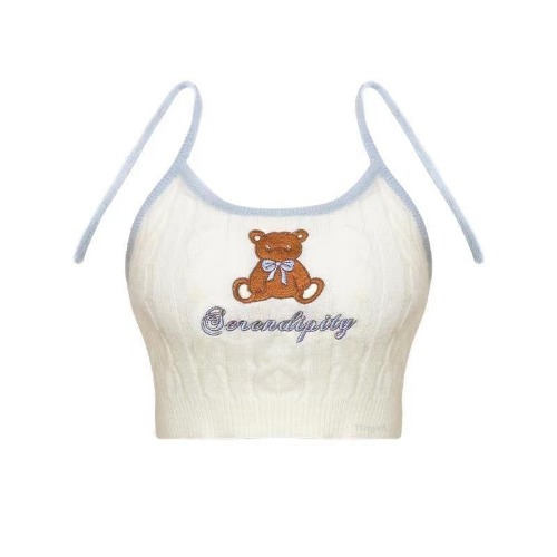 Blue & Cream Cozy Cute Bear Knitted Kawaii Skirt, Top & Cardigan- 3pcs (Separate) - Vest / M