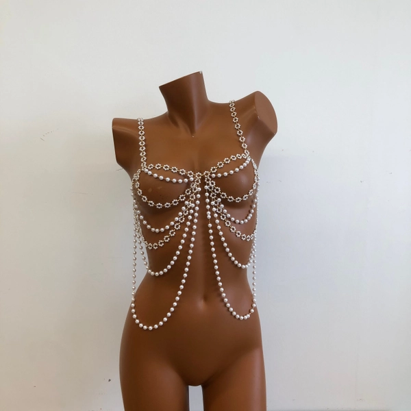 shionreiy Pearl Body Chain Bra, Fashion Shoulder Necklaces Bra, Chain Body Jewelry, Adjustable Size Pearl Shoulder Chains