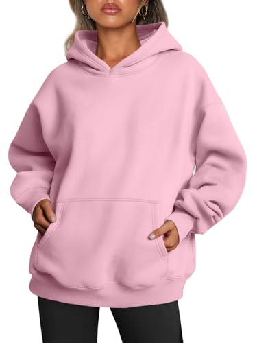 Trendy Queen Womens Oversized Hoodies Fleece Sweatshirts Long Sleeve Sweaters Pullover Fall Clothes with Pocket - Pale Pink - X-Large
